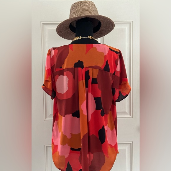 DR2 Mod Floral Short Sleeve Blouse in Coral & Pink Tones, L - Picture 5 of 8